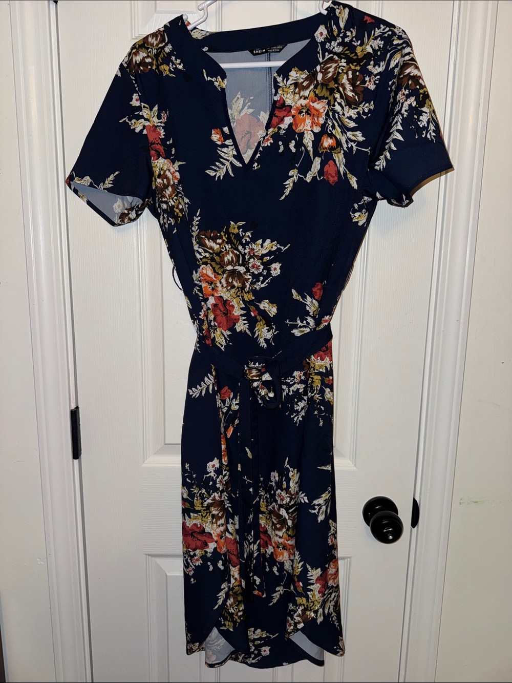 SHEIN Navy Floral Midi Wrap Dress with Belt